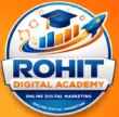 Logo of Rohit Digital Academy featuring a graduation cap, growth chart, and rocket symbolizing digital marketing, online learning, and business growth