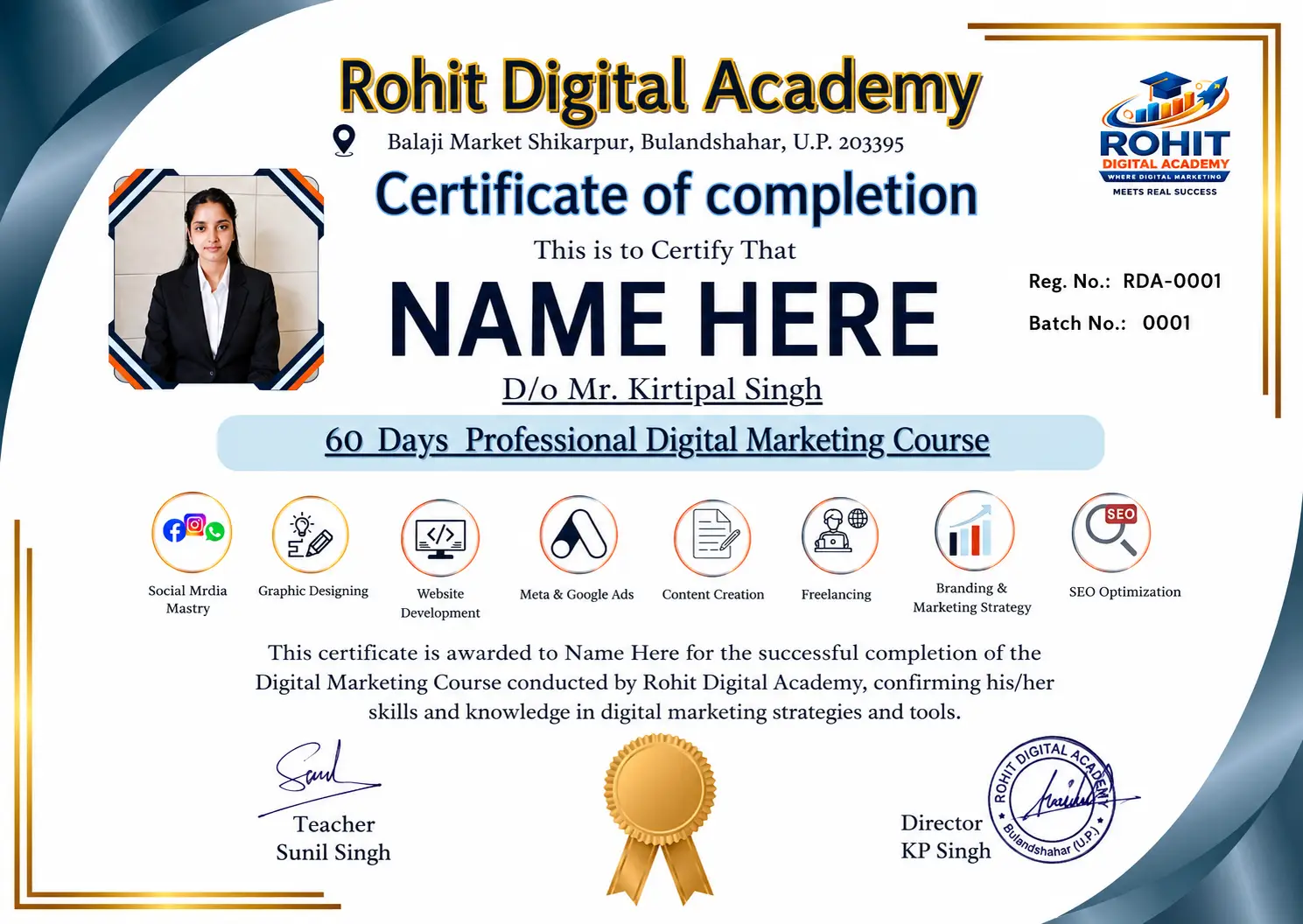 Certificate of completion for the Best Digital Marketing Course in Bulandshahar by Rohit Digital Academy featuring professional digital marketing training and certification